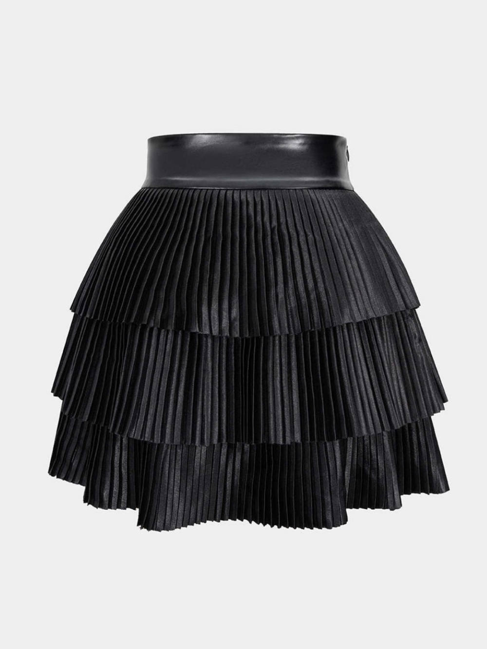 Faux-Leather Waist Black Tiered Pleat Mini Skirt